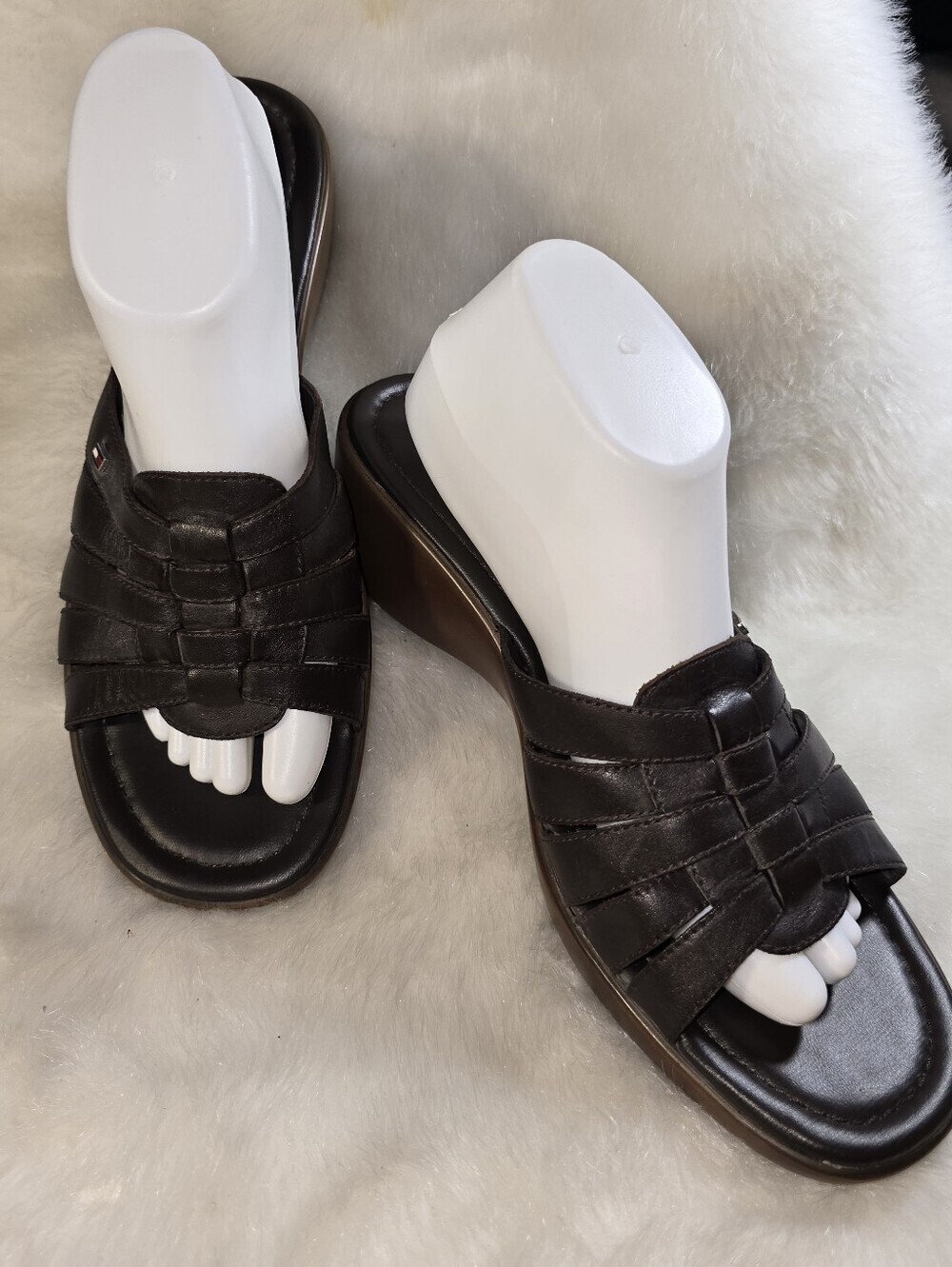 Tommy Hilfiger Merry Dark Brown Woven Leather Slide Wedges